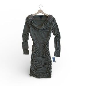 INC Ruched Camo Dress M Utility Chic Olive Green Beaded Cowl Neck Midi Dress